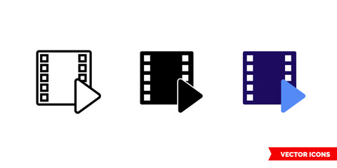 Cinema film play icon of 3 types color, black and white, outline. Isolated vector sign symbol.