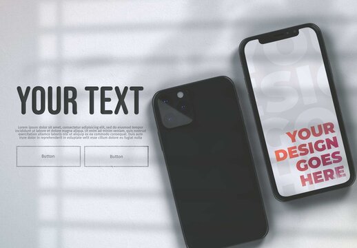 Front and Back View Mockup of Black Smartphone with Light Wall Background