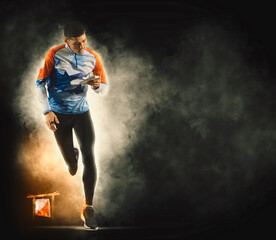 Orienteering. Man runs with map and compass. Sports banner