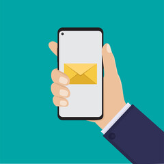 hand hold smart phone and message icon, flat design vector illustration