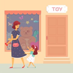 Bad spoiled kid crying and pulling dress. Little girl holding motherʼs skirt, upset grimace, sad face expression. Manners and bad behavior vector illustration. Outdoor market