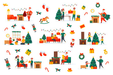 Fototapeta na wymiar Merry Christmas bundle of flat scenes. Merry Xmas party isolated set. Decorated Christmas tree, gifts, garlands, Santa Claus and fireplace elements. Family celebration cartoon vector illustration.