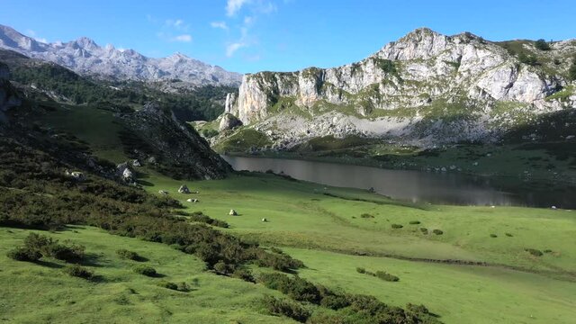 Aerial view of the Lakes of Covadonga, surrounded by rocky mountains in the Picos de Europa National Park,  sunny summer day, in Asturias, Spain - tracking shot