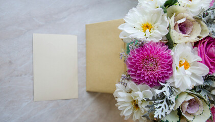 Greeting, post card, invitation card photo mock up with the bouquet.