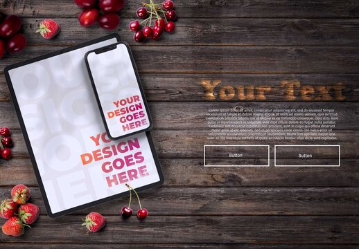 Smartphone and Tablet Surrounded with Red Fruits Mockup
