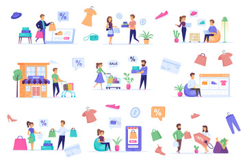 Shopping people bundle of flat scenes. Offer discounts in shop isolated set. Store website, bags, shoes, clothes, shoppers with purchases elements. Online marketplace cartoon vector illustration.