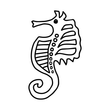 Hand drawn outline black vector illustration of a beautiful happy sea horse isolated on a white background