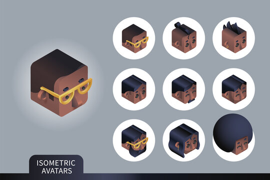 Flat isometric vector set. Avatars of Black men. Different haircuts and hairstyles. Piercing, glasses and earrings design element. Face icons.