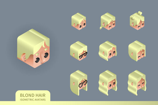 Flat isometric vector set. Avatars of women with blond hair. Different haircuts and hairstyles. Piercing, glasses and earrings design element.