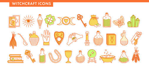 Set for witchcraft icons. Book, cup, crystal, tarot cards, butterfly, horseshoe, moon, magic ball, beans, lavender, bottles with potion and poison. Halloween. Outline vector illustration. 