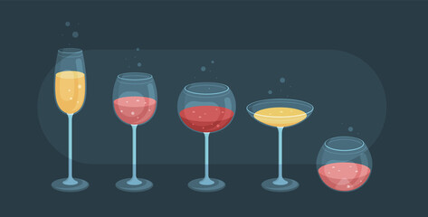 Set of vector flat elements. Various types of glass goblets with red, rose and white wine, champagne. Modern style.