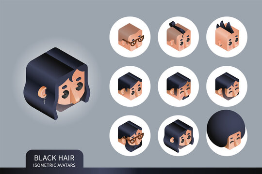 Flat isometric vector set. Avatars of men with black hair. Different haircuts and hairstyles. Piercing, glasses and earrings design element.
