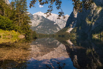 Fototapeta na wymiar Obersee lake, famous touristic popular destination in Bavarian Alps, south of Germany