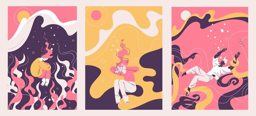 Concept illustrations about depression and mental problems. Vector outline collection with people drown in the sea of sadness. Pink, yellow and purple colors