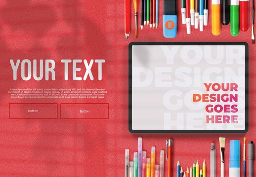 Top View Mockup of Tablet and Drawing Pencils on Vivid Background