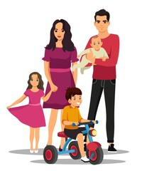 Happy family relationship. Father holding baby, mother standing with daughter, child on bycicle. Parenthood vector illustration. Smiling people isolated on white background