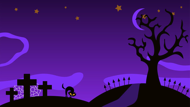 Black hills with graves, scared cat, web and naked tree for Halloween holiday. Web banner on violet background. Flat vector illustration.