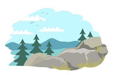 Scenery with mountains, fir trees and sky background. Rural land, hills, stones, lake or river in nature. Country scene view vector illustration. Horizontal panorama of countryside