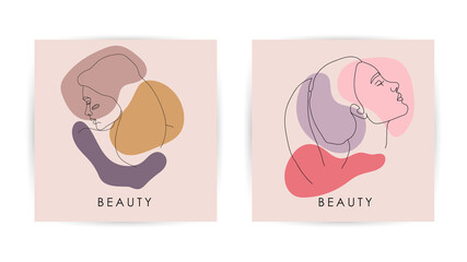 Modern abstract faces, fashion concept, woman beauty minimalist with geometric doodle Abstract floral elements pastel colors. vector illustration