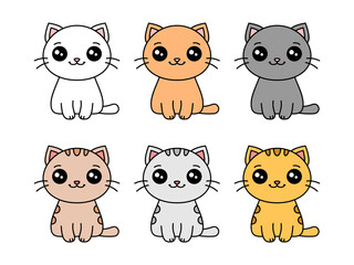 Cute cats set. Cartoon kawaii kitten characters collection. Six cats of different colors. Group of cats with various patterns. Isolated on white background. Vector illustration, flat, clip art. 