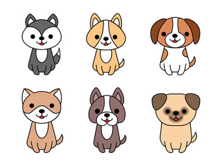 Cute dogs set. Six dogs pack. Dog breeds collection. Cartoon kawaii puppy characters. Husky, Corgi, Beagle, Akita Inu, Bulldog, Pug. Isolated on white background. Vector illustration, flat, clip art. 