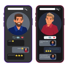Online dating app on two phones. Two happy men chatting in social network. Finding soulmate concept vector illustration. Conversation with text messages, emoji via internet