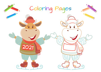 Obraz na płótnie Canvas Cute cartoon cow. Vector illustration with bull, symbol of the Chinese new year 2021. Cow on ice. Coloring pages.