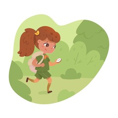 Kid with compass running in forest. Girl scout searching direction during camping trip. Outdoor adventure scene in summer holiday vector illustration. Little child with backpack