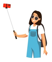 Travel blogger vlogging on phone. Young girl traveling and vlogging, creating video live isolated on white background. Creative online work vector. Woman holding phone on stick