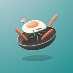 Fried egg, sausages and vegetables in a frying pan. Breakfast vector isometric illustration. Food preparation. 