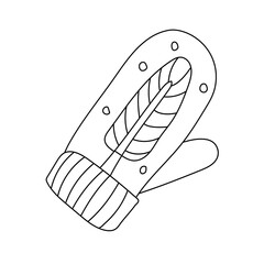 Cute mitten decorated with tree in doodle sketch style. Isolated black outline. Hand drawn vector illustration on white background. Cozy winter theme. Great for New Year and Christmas greeting card.