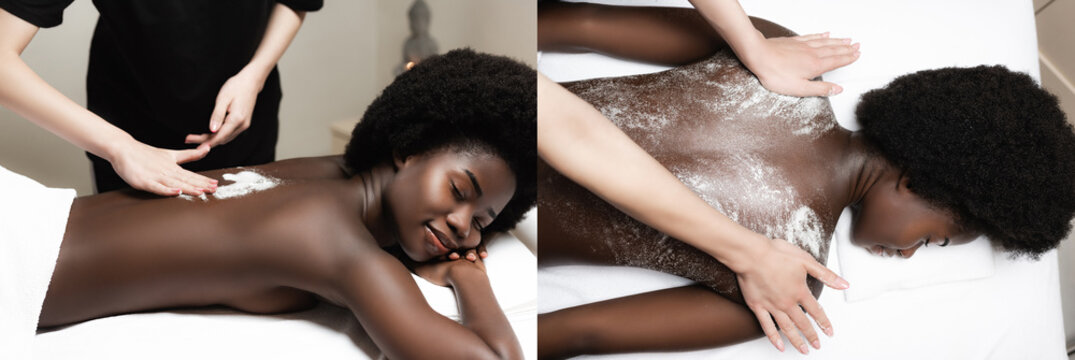 Collage of masseur massaging african american woman with scrub in spa salon, banner