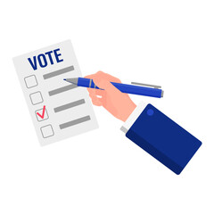 Vector cartoon illustration of a hand that marks the candidate on the ballot isolated on a white background.