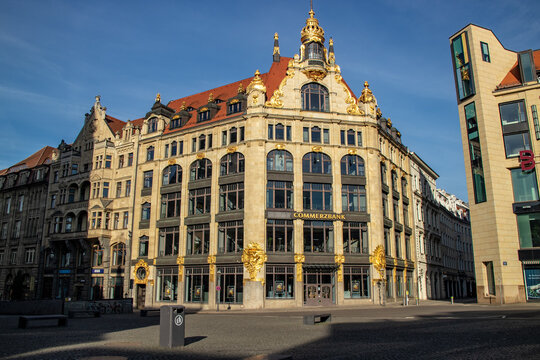 LEIPZIG, GERMANY-FEBRUARY 17,2019 View from the historic building of the bank branch of the Commerzbank in Leipzig with historic golden building ornaments