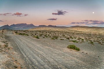 dirt road to the deseret hills at sunset