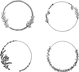 set of frames with flowers. round christmas frame made of branches, botanical style, for new year and xmas cards