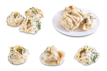 Steamed manta rays with meat sprinkled with dill in a plate on a white isolated background