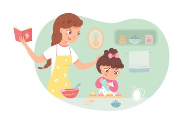 Kid helping mother cook. Girl helps mom prepare sweet cakes in kitchen, mother in apron reading recipe from book. Childhood helper vector illustration. Household leisure activity