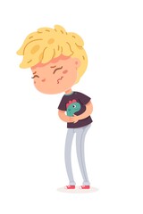 Depressed sick boy hugging himself, clasping hands. Child isolated on white background. Vector character illustration of children gestures, emotions, types of moods.