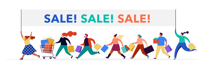 People carrying shopping bags collection. Happy men and women taking part in seasonal sale at store, shop, mall and online. Cartoon characters on white background