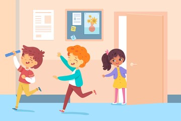 Children playing at school hall. Happy cute boys running during break, laughing, girl standing at classroom door. Education vector illustration. Playful fun time in hallway