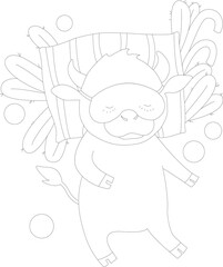 Sleeping bull 2021 on a striped pillow. Christmas balls, spruce branches. Chinese New Year of the White Bull. Vector outline for your projects