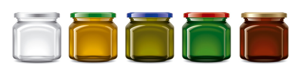 Set of Colored Glass Jars. 