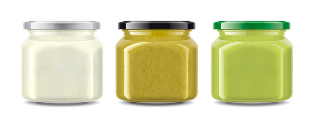 Set of Glass Jars with Sauces, Mustard, Wasabi, Horseradish. 