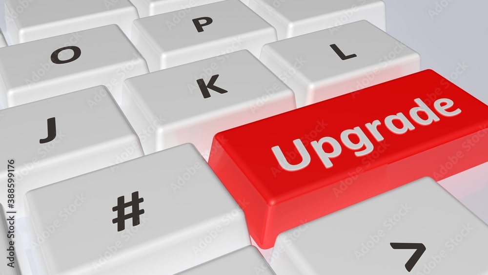 Poster upgrade red key on a white computer keyboard - 3d rendering illustration