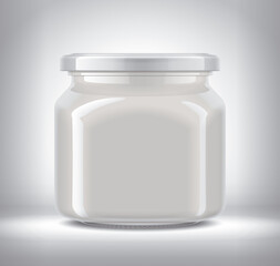 Glass Jar with Dairy Food on Background. 