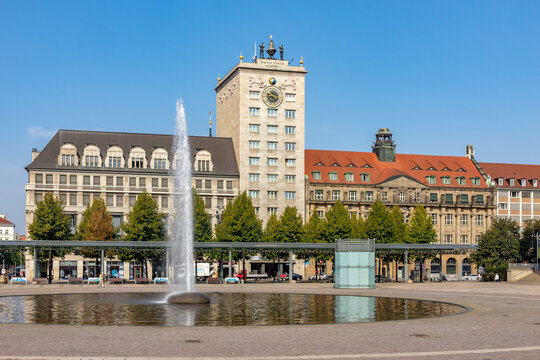  Panorama of the city of Leipzig from the square Augustusplatz with a view of the Kroch skyscraper