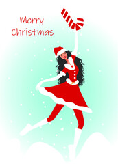 Fototapeta na wymiar Christmas illustration A girl dressed as Santa Claus is very happy about the snow and Christmas