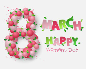 Banner with pink balls, balloons, confetti, dust and green leaf, shape 8 march sign with paper lettering. Greeting card template. Vector illustration for Holidays. Elements for poster, holiday, party.