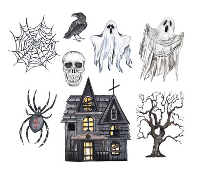 Watercolor Halloween themed illustrations set. Hand painted haunted house, skull, spider, web, dead tree, spooky flying ghost, black raven. Creepy symbols of October holiday in vintage style.